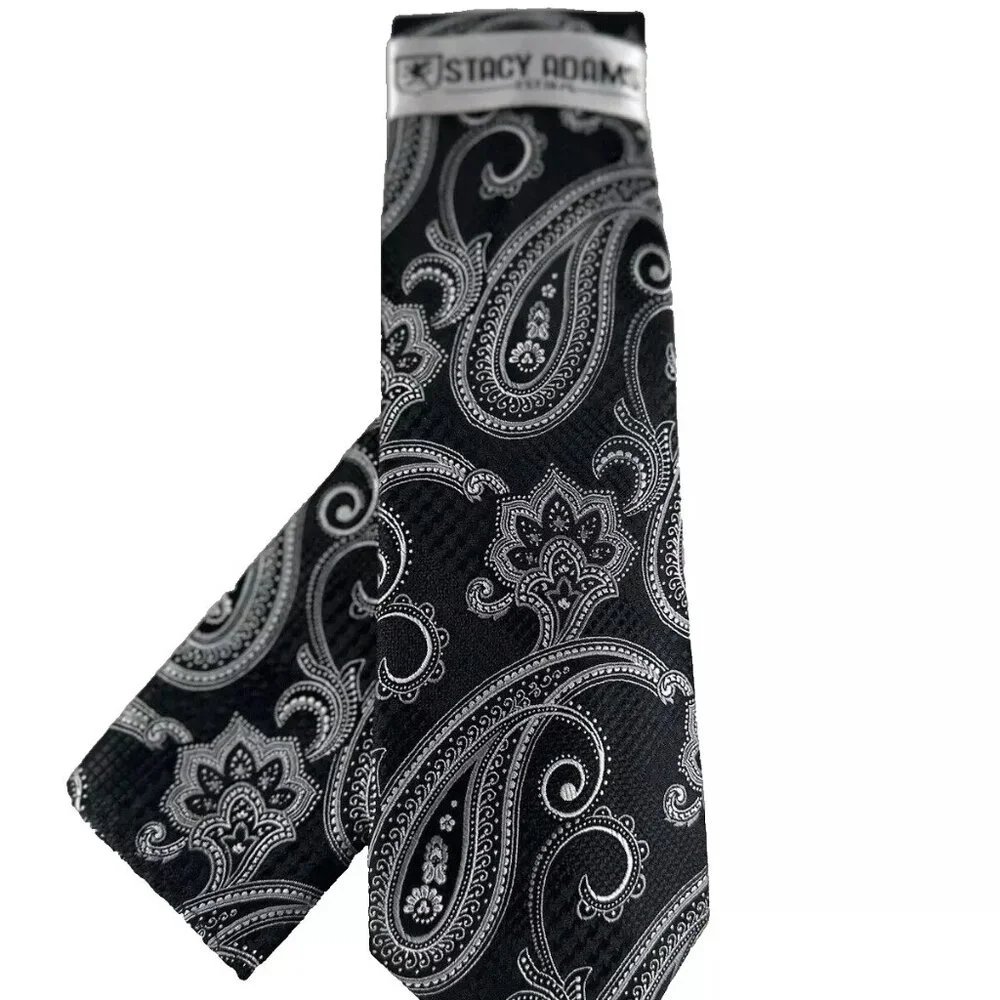 Stacy Adams Men's Tie & Hanky Set Black Silver Charcoal Grey Paisley 3.25
